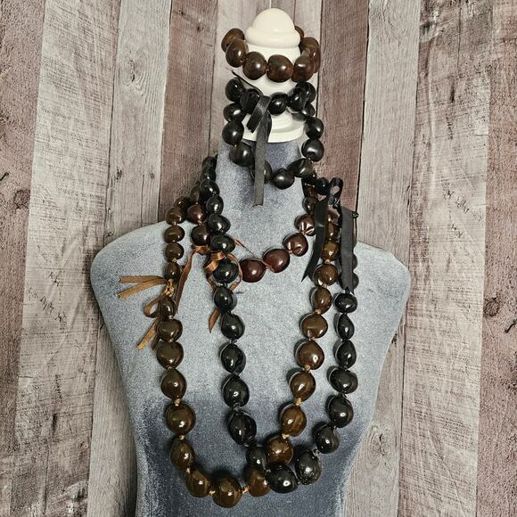 Hawaiian Kukui Nut Lei Necklace Bracelet Brown Black Aloha Luau Gift Bundle Lot - Picture 1 of 4